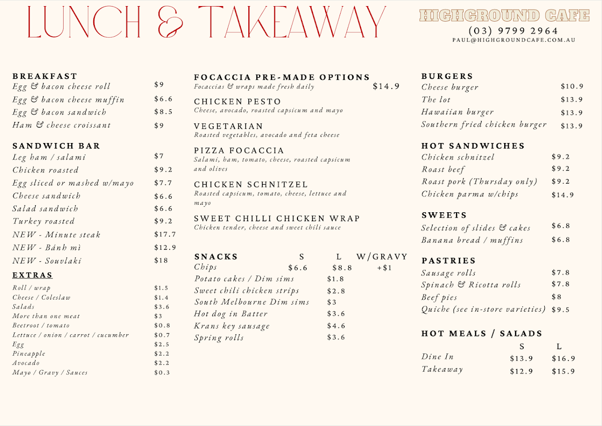 High Ground Cafe and Catering menu board