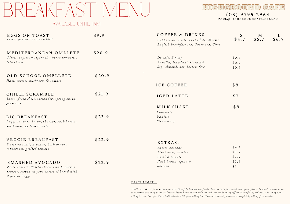 High Ground Cafe and Catering menu board