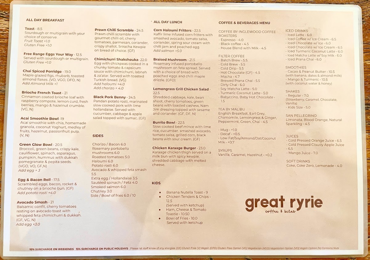 GREAT RYRIE coffee & bites menu board
