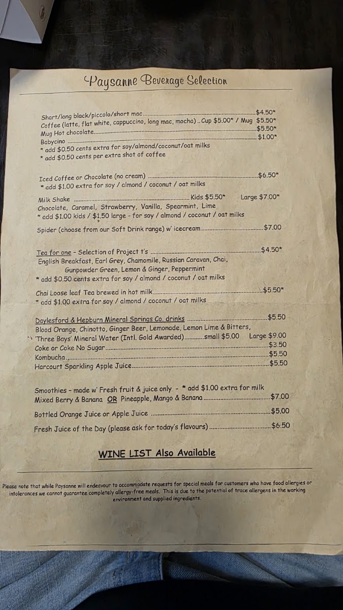 Paysanne Cafe, Woodend menu board