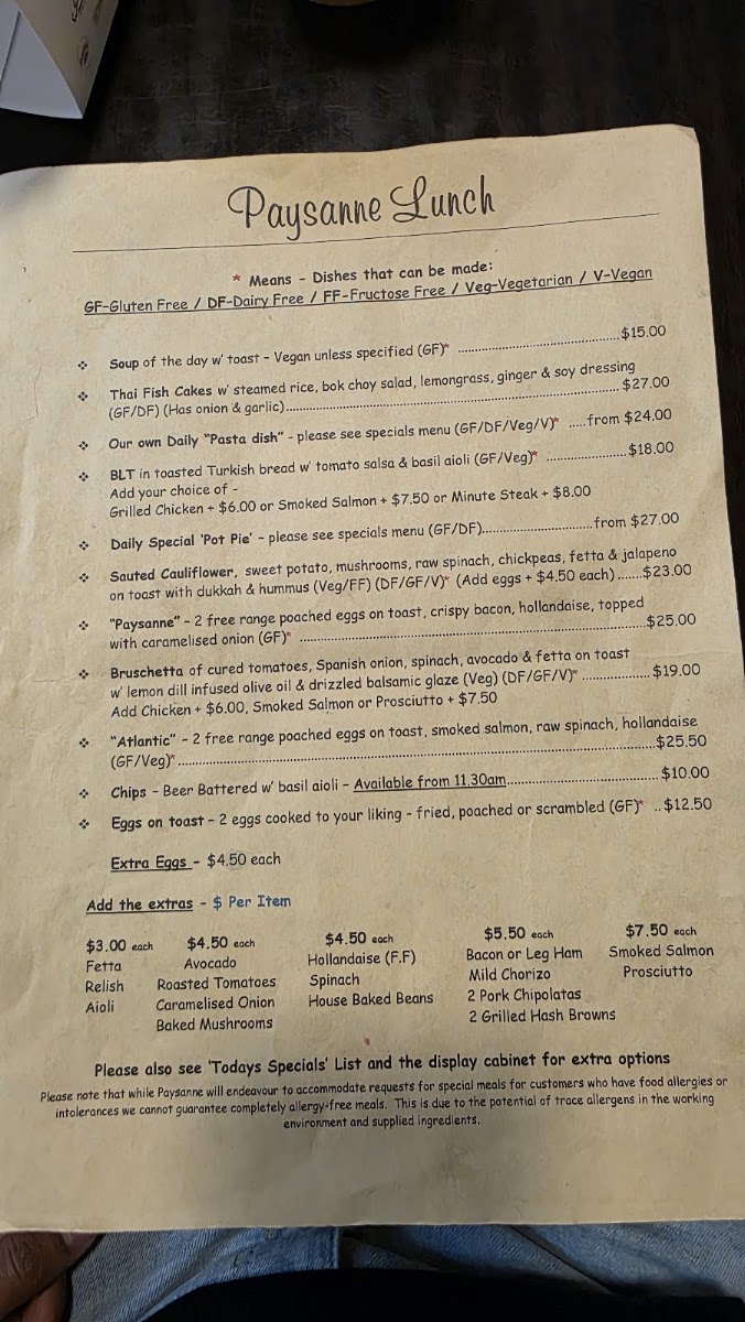 Paysanne Cafe, Woodend menu board