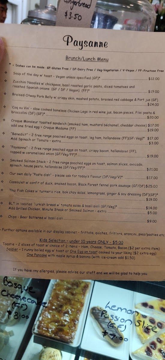 Paysanne Cafe, Woodend menu board