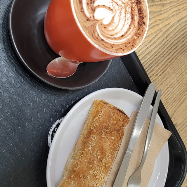 Mocha Latte and Sausage Roll