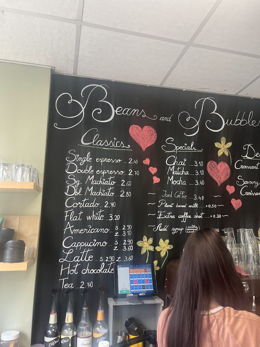 Beans and Bubbles menu board