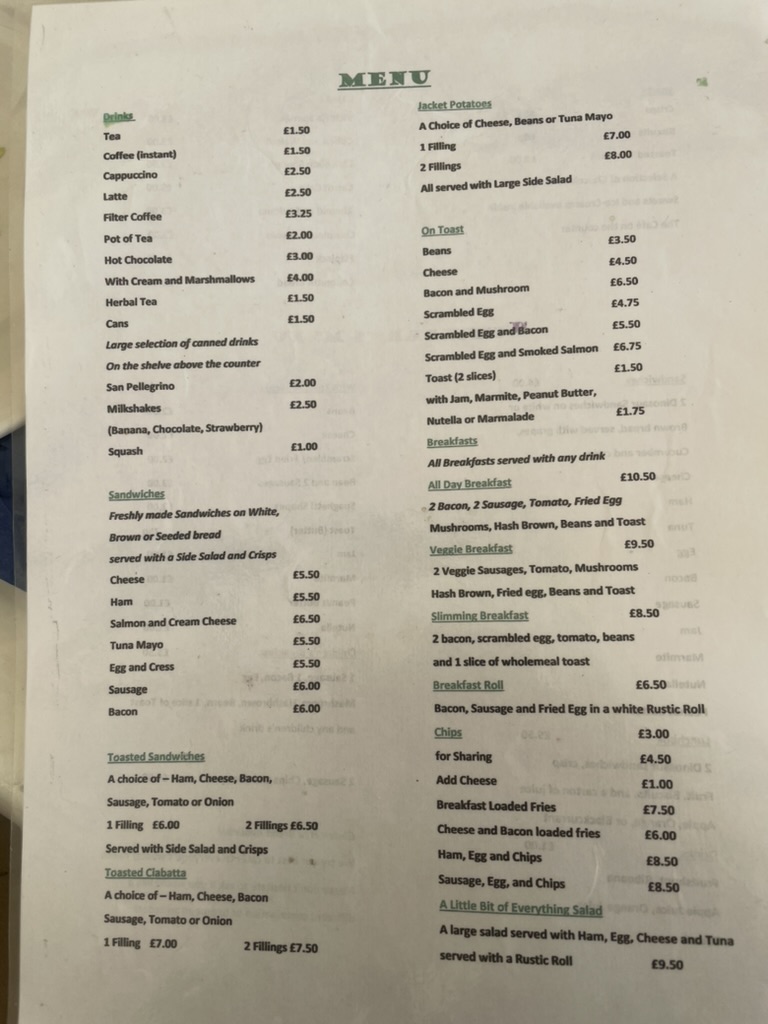 Pit Stop Cafe menu board