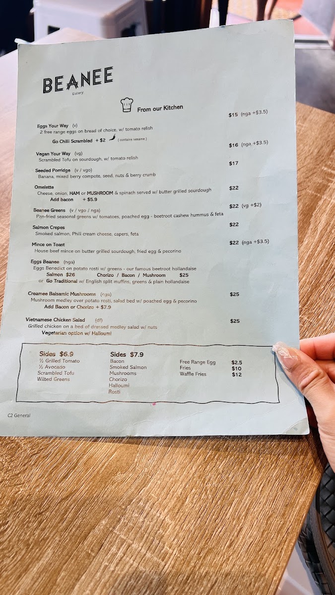 BEANEE Eatery menu board
