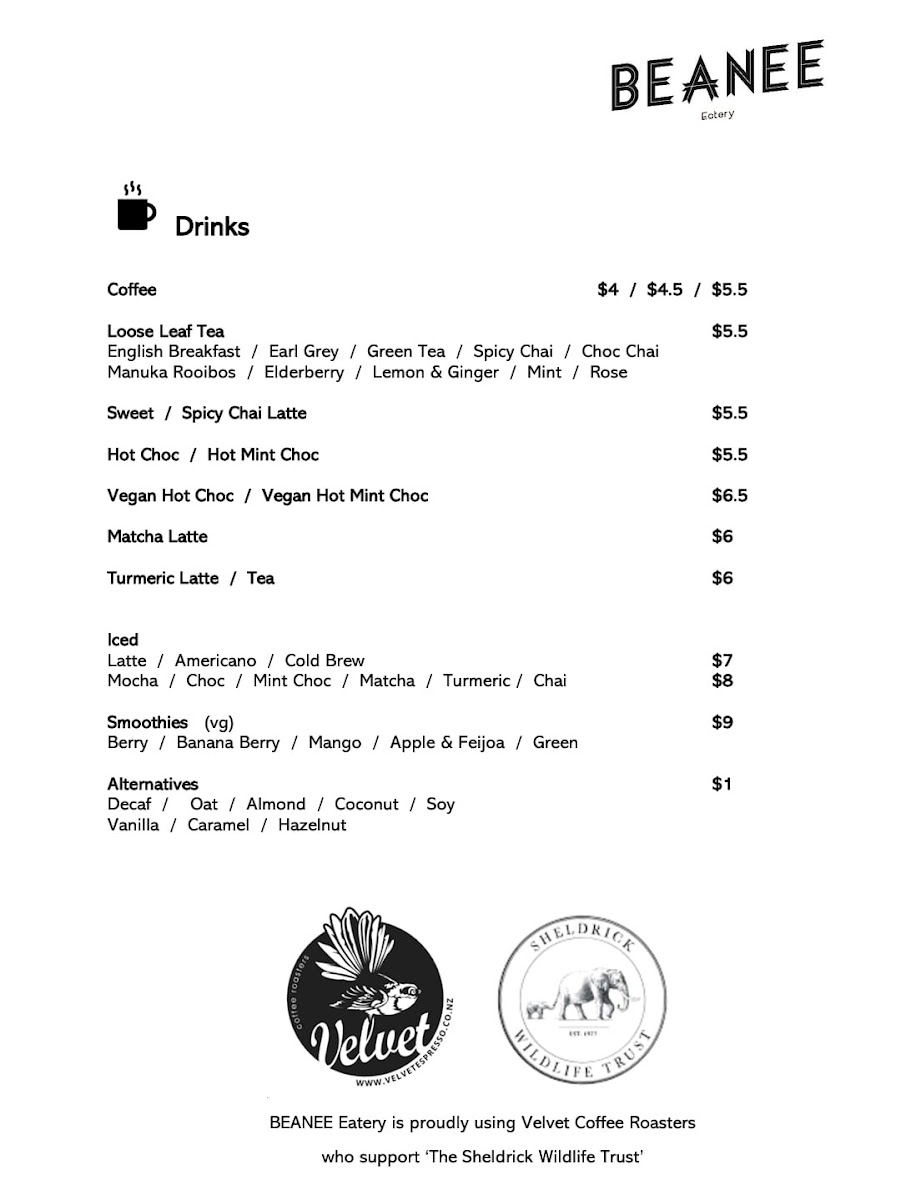 BEANEE Eatery menu board
