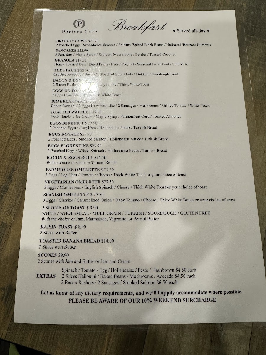 Porters Cafe menu board