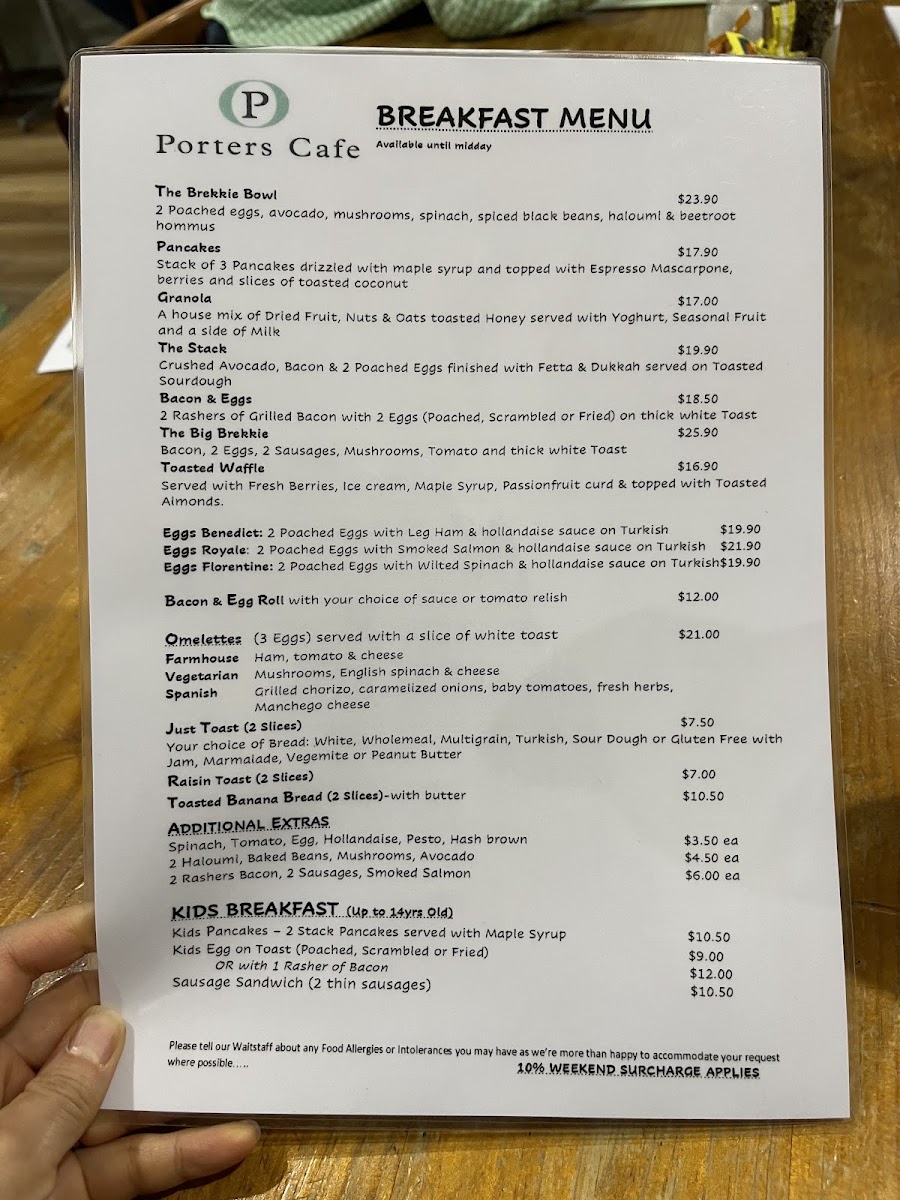 Porters Cafe menu board