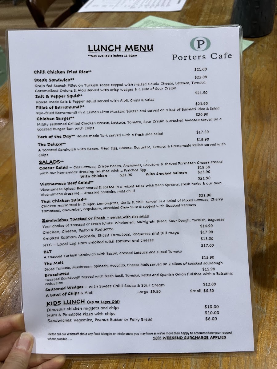Porters Cafe menu board