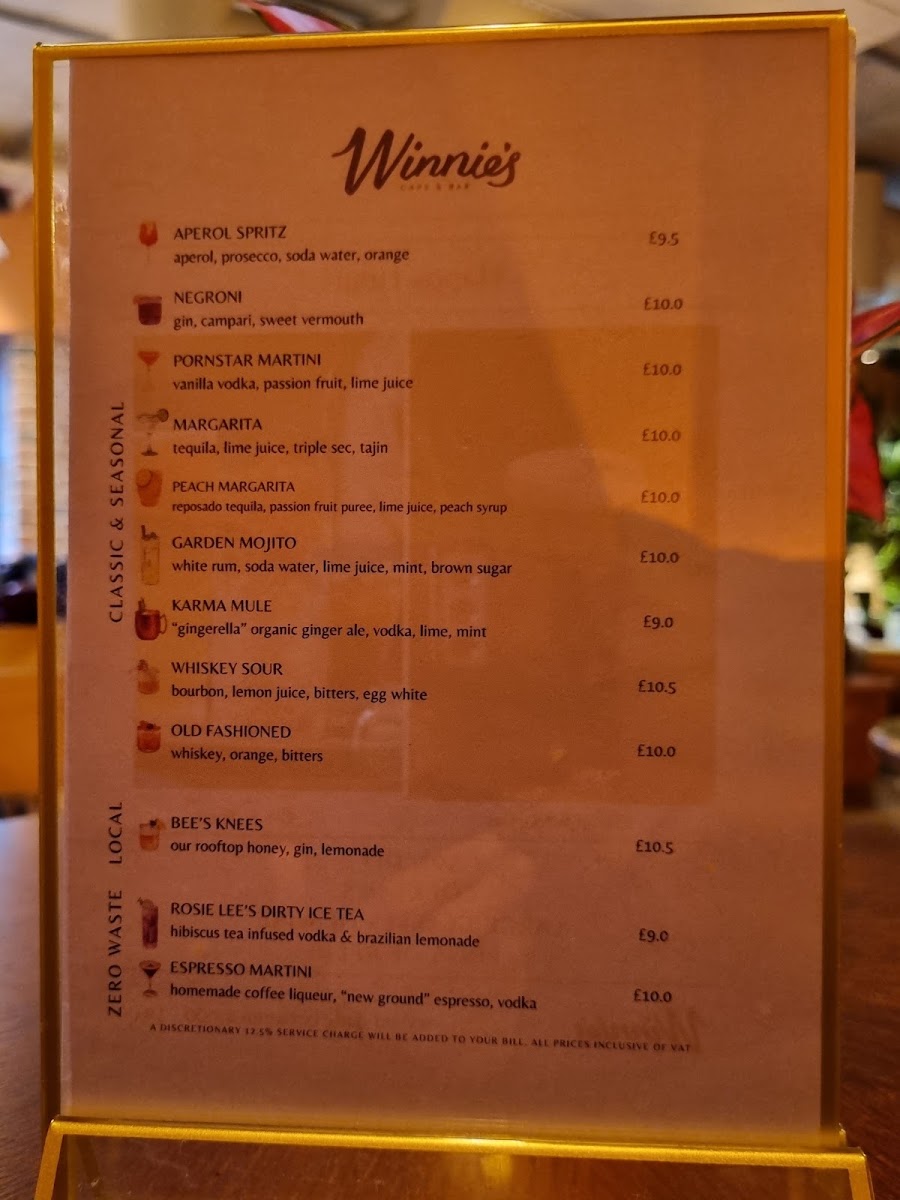 Winnie's Café and Bar at room2 Chiswick menu board