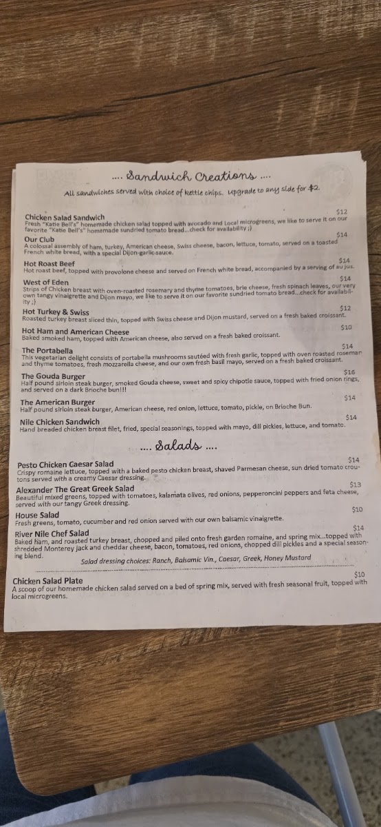 River Nile Cafe Westside menu board