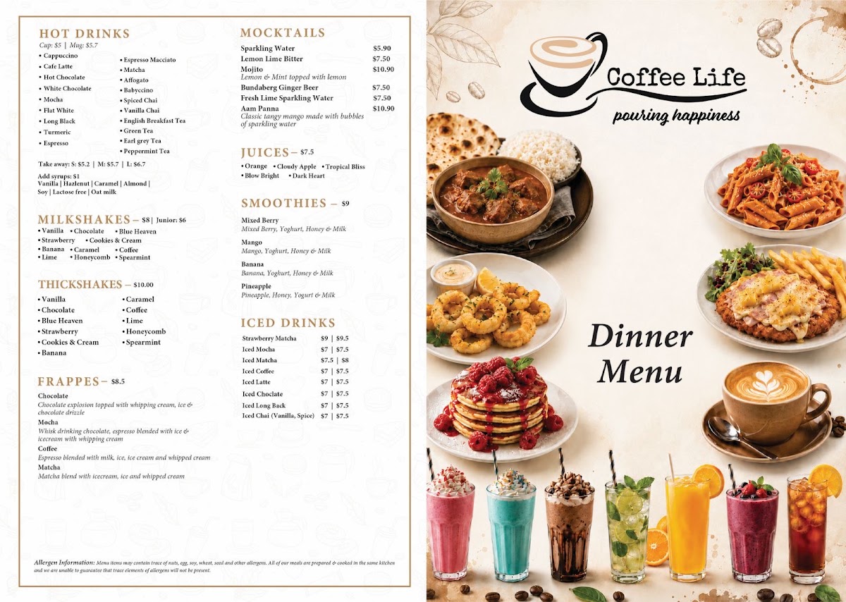 Coffee Life Trafalgar menu board