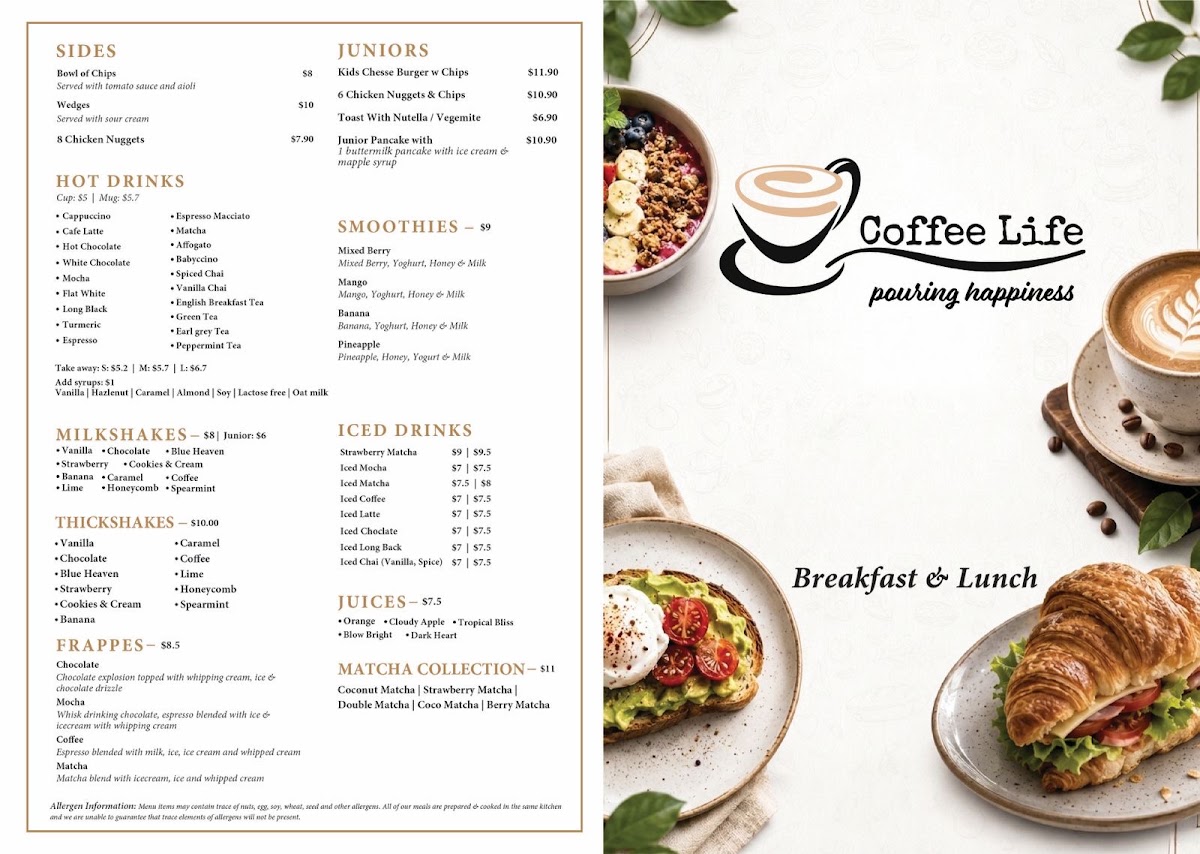 Coffee Life Trafalgar menu board