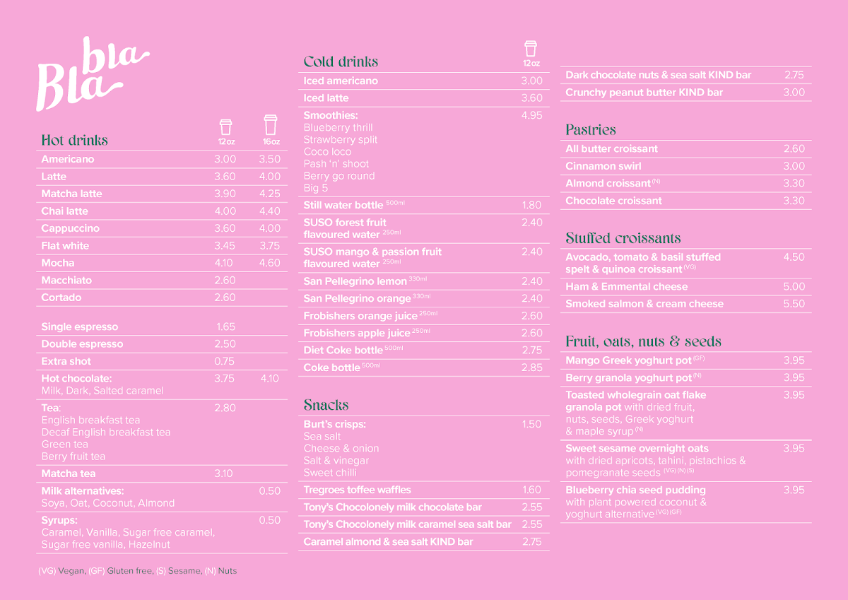 Bla Bla Café menu board