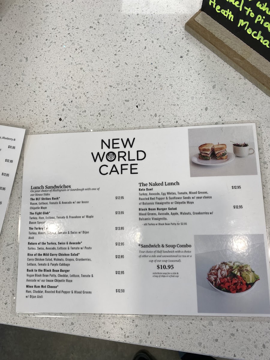 New World Cafe Durham menu board