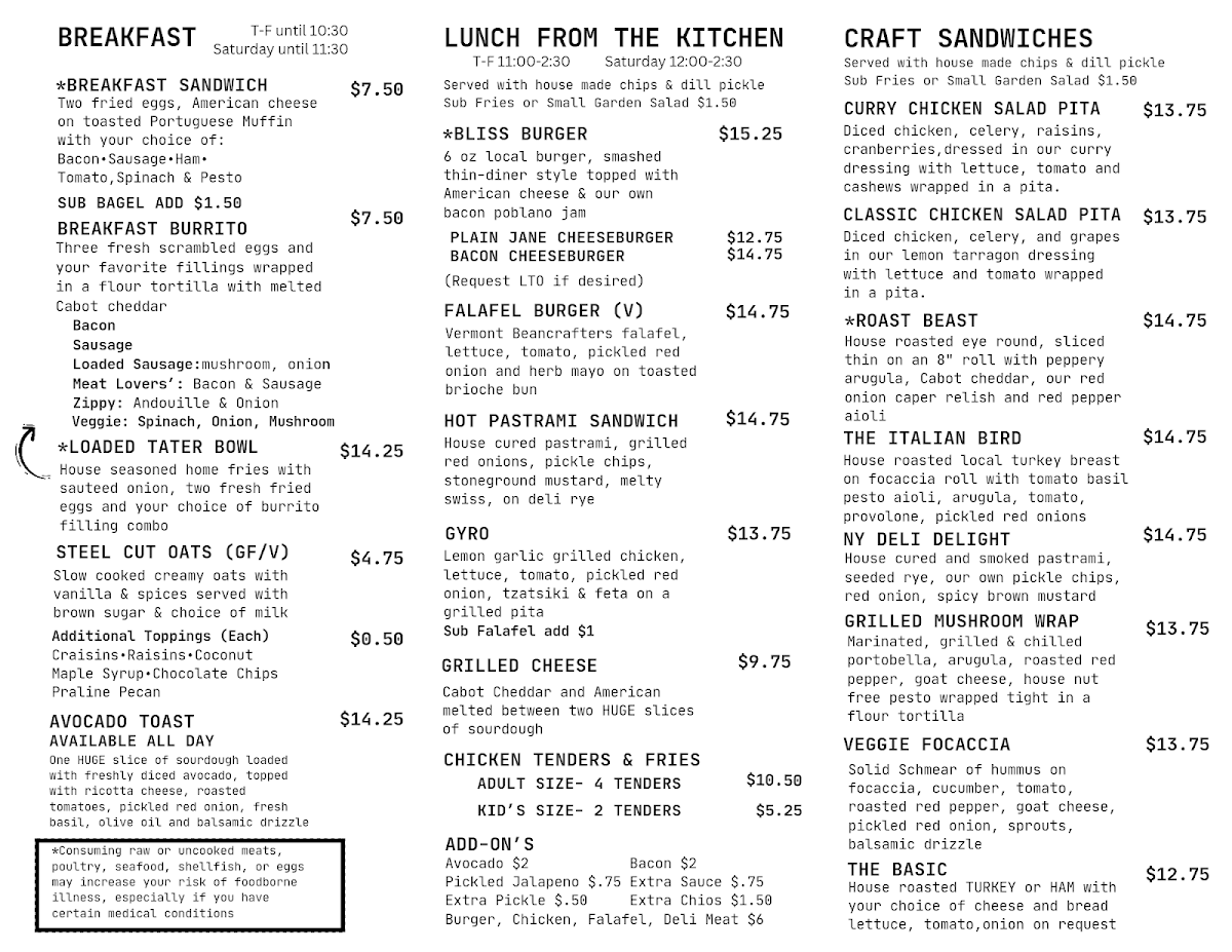 The Eatery by Vermont Bliss menu board