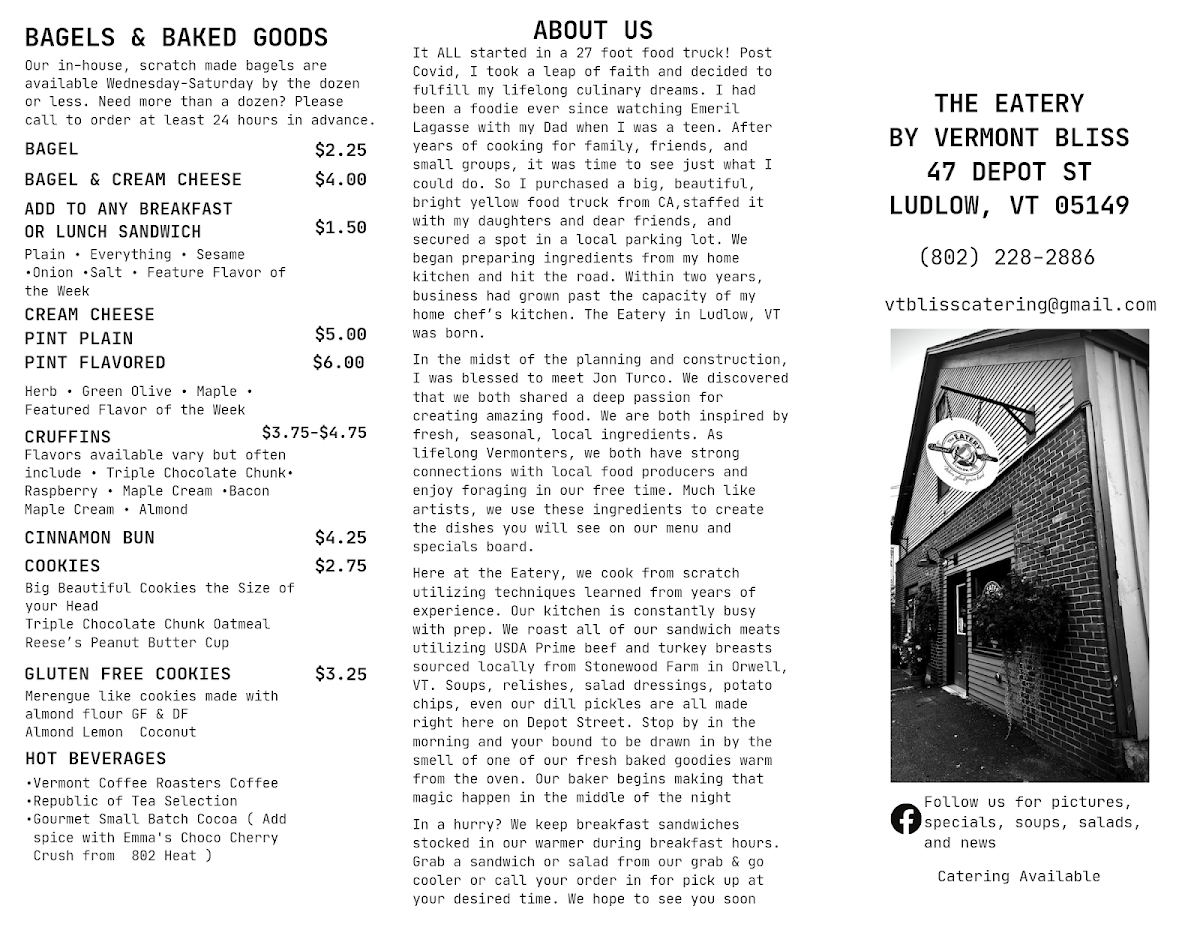 The Eatery by Vermont Bliss menu board