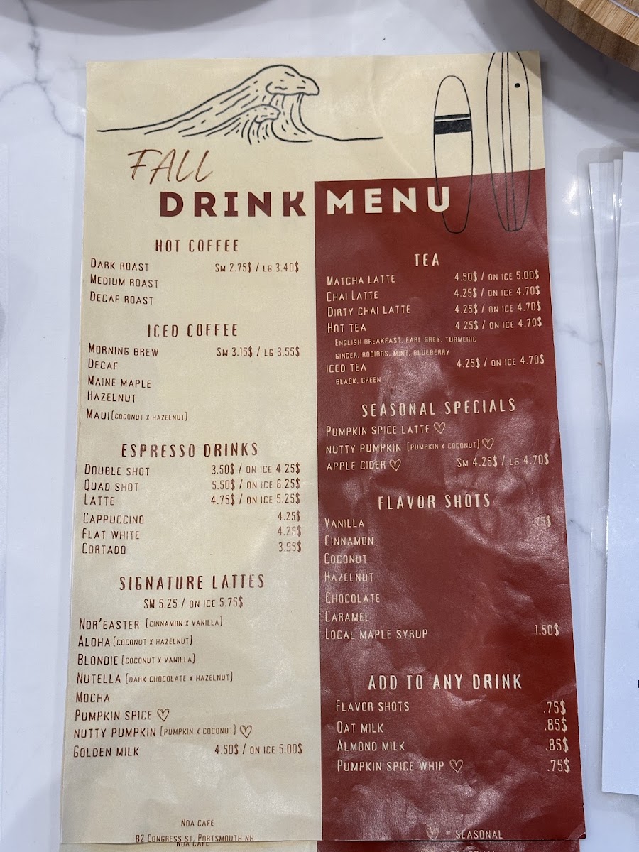 NOA Cafe menu board
