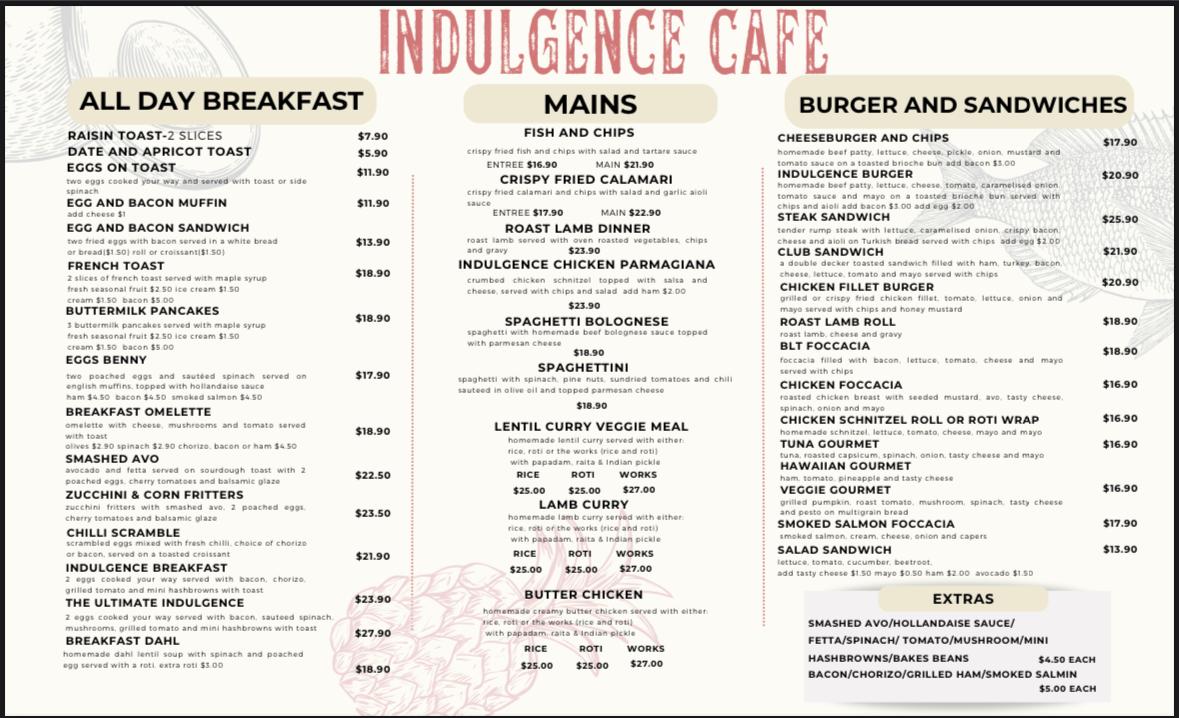 Indulgence Cafe menu board