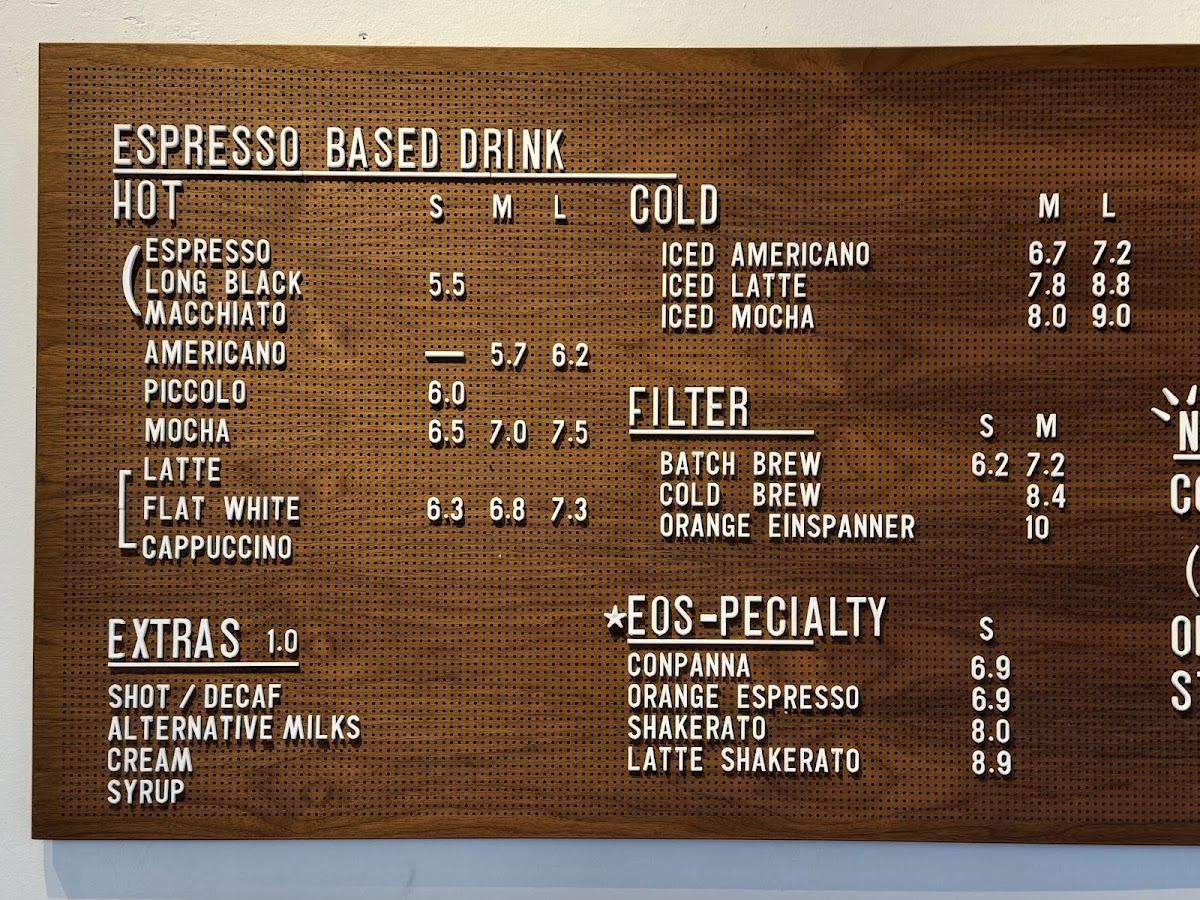 The EOS Coffee menu board