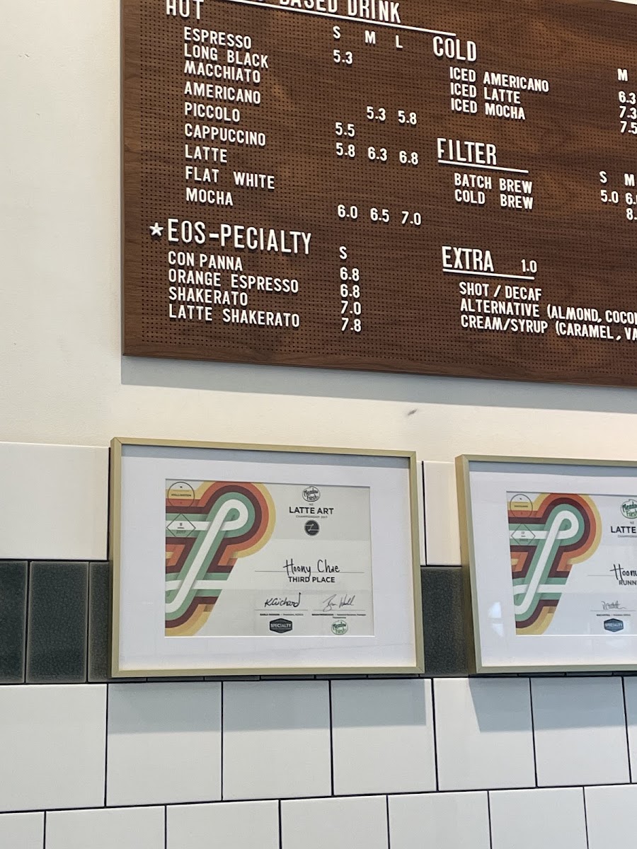 The EOS Coffee menu board