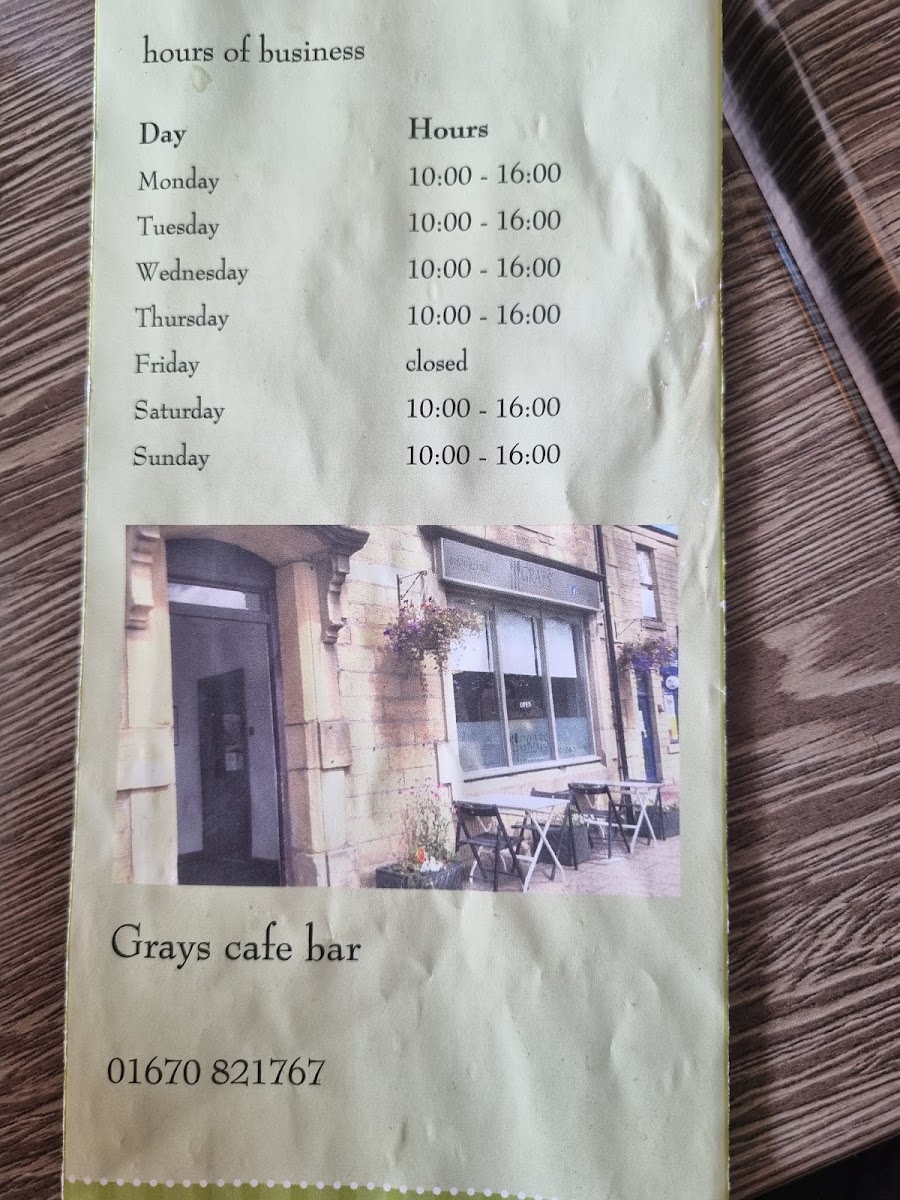 Grays Cafe Bar menu board