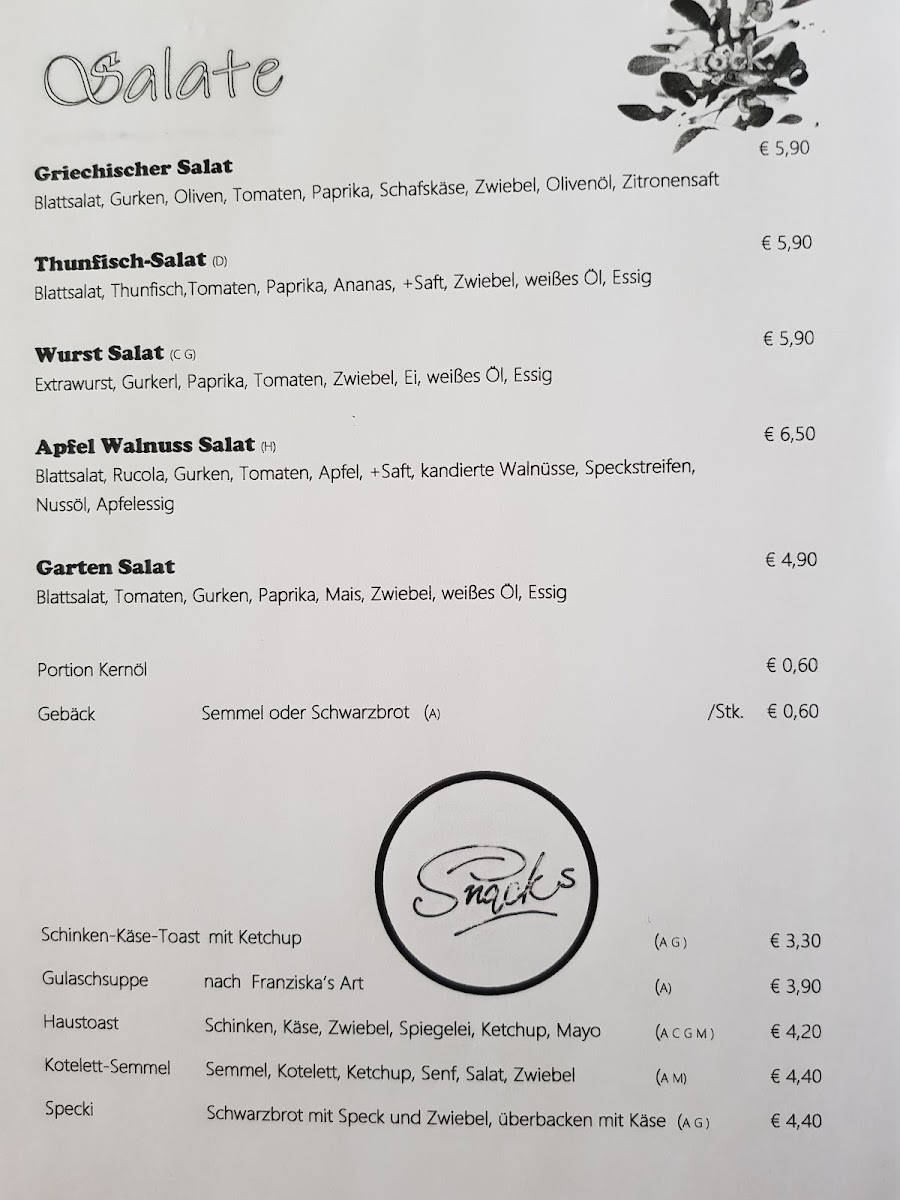 Café Pub Franziska menu board