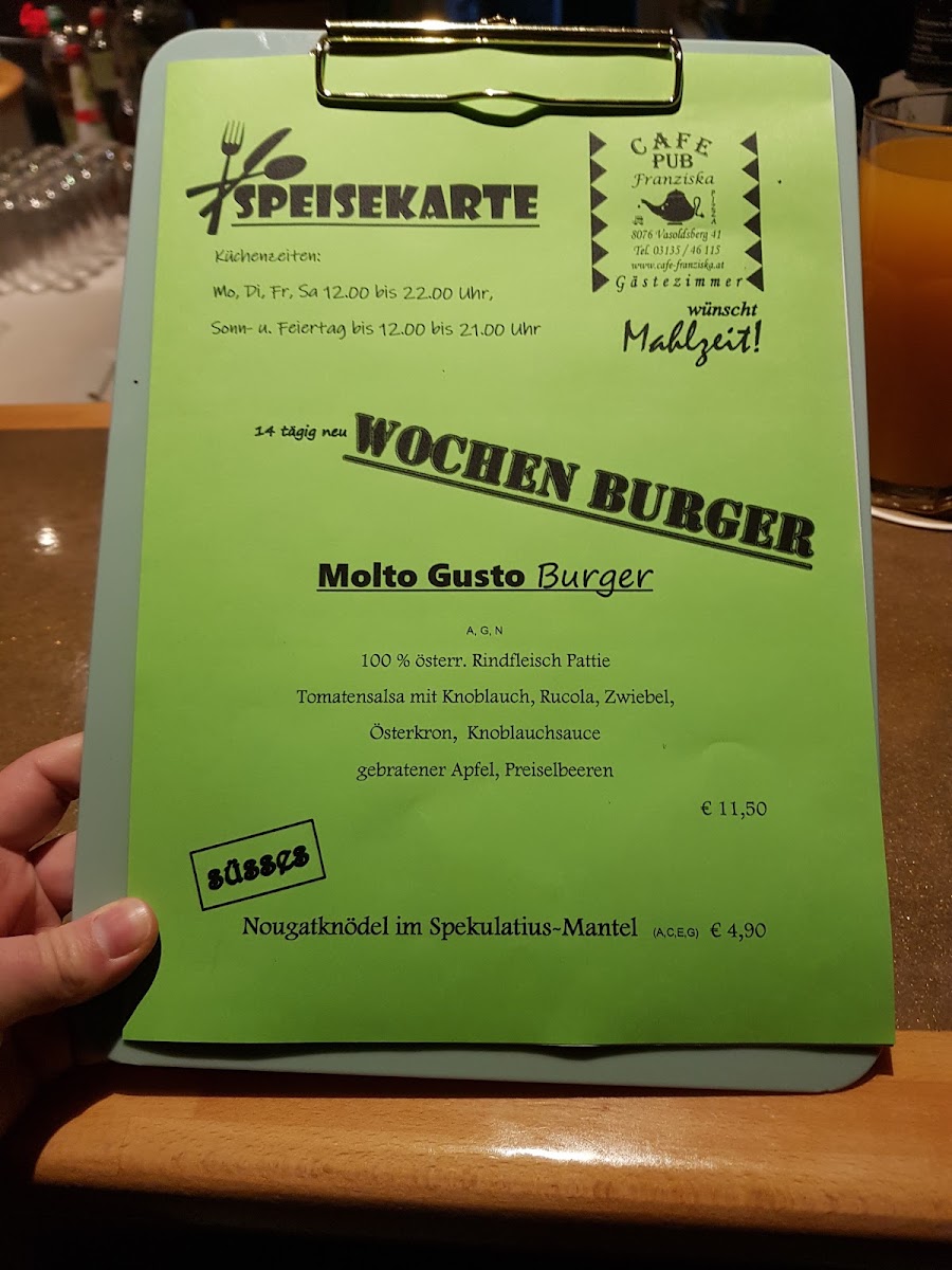 Café Pub Franziska menu board
