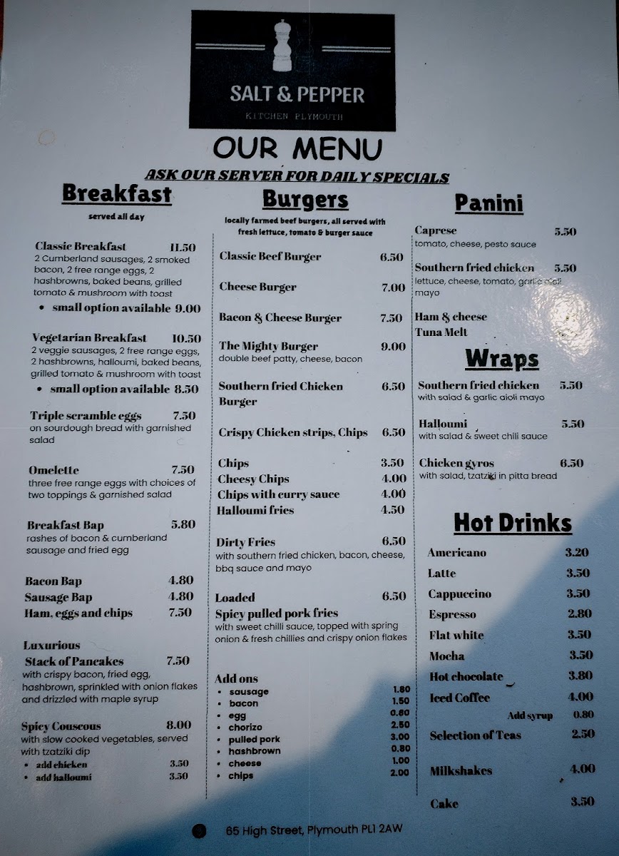 Salt and Pepper Kitchen Plymouth menu board