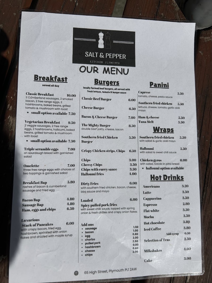 Salt and Pepper Kitchen Plymouth menu board