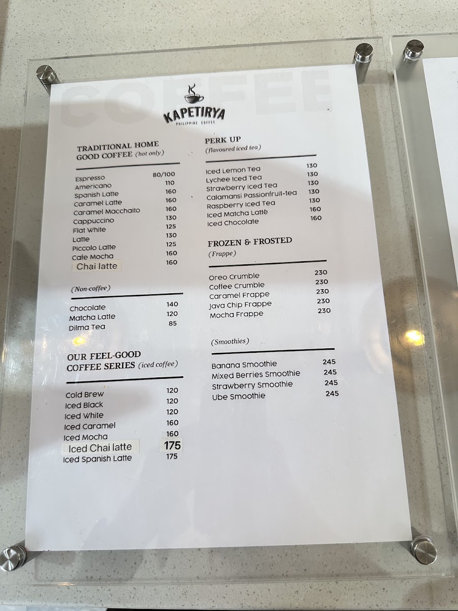Kapetirya Philippine Coffee at Baguio menu board
