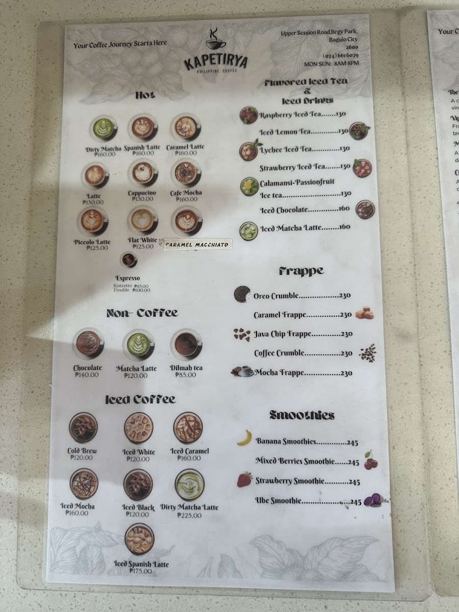 Kapetirya Philippine Coffee at Baguio menu board