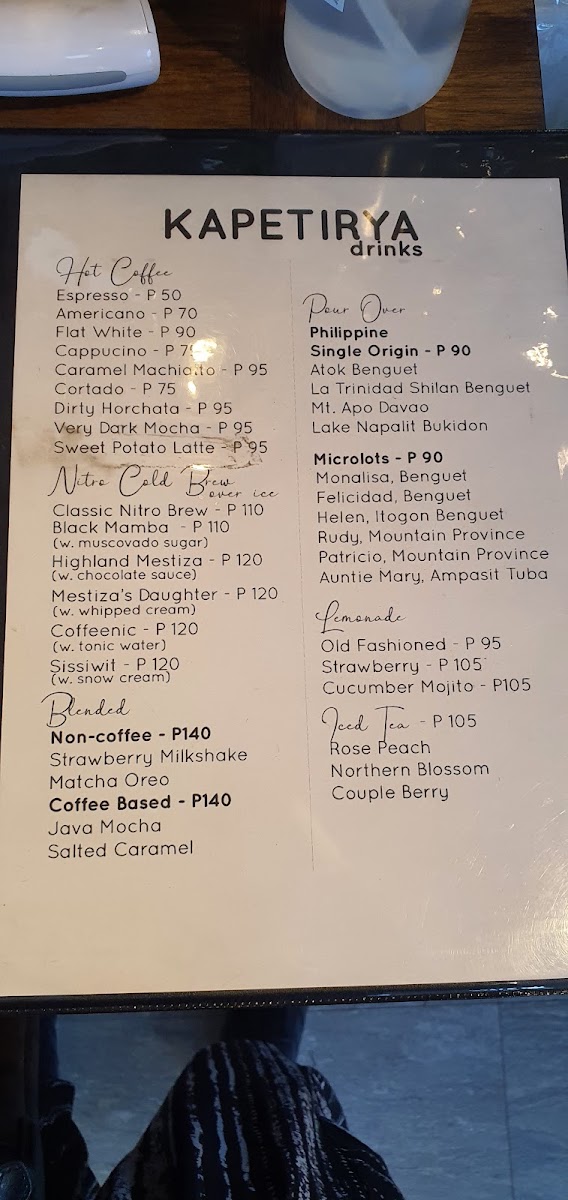 Kapetirya Philippine Coffee at Baguio menu board
