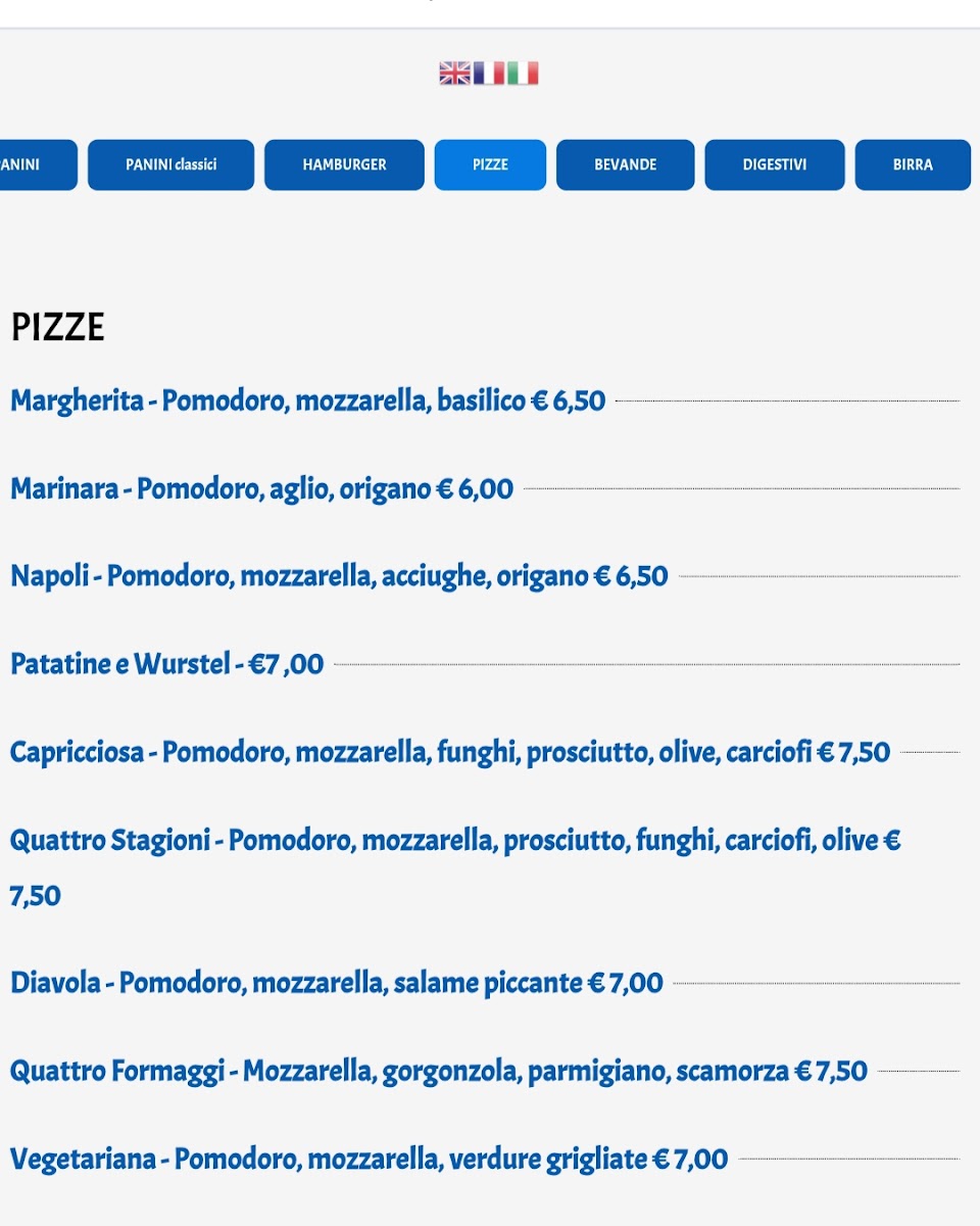 Roxy Bar Panineria Pizzeria menu board