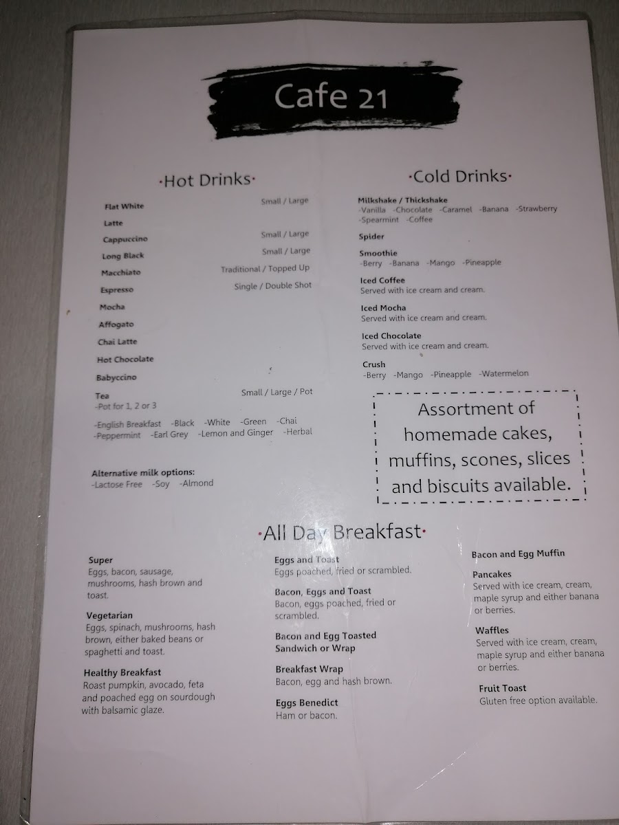 Cafe 21 Australind menu board