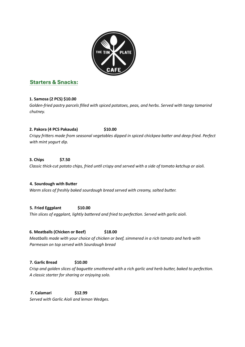 The Tin Plate Cafe menu board