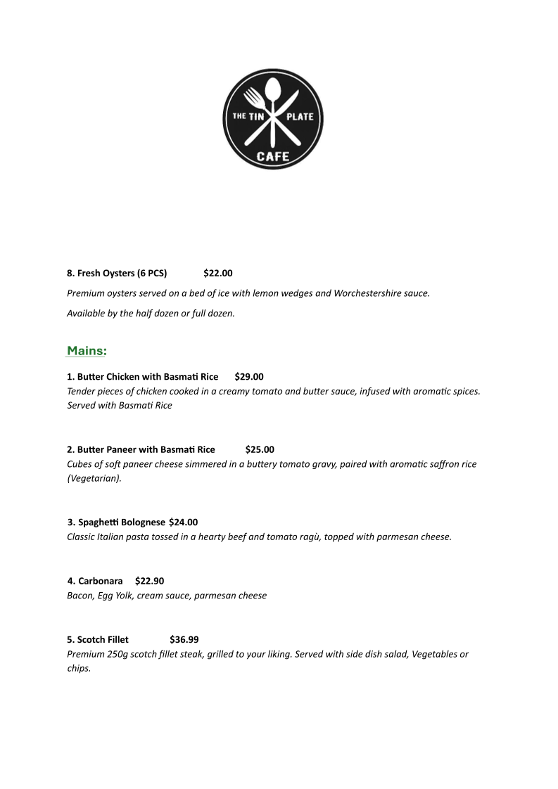 The Tin Plate Cafe menu board