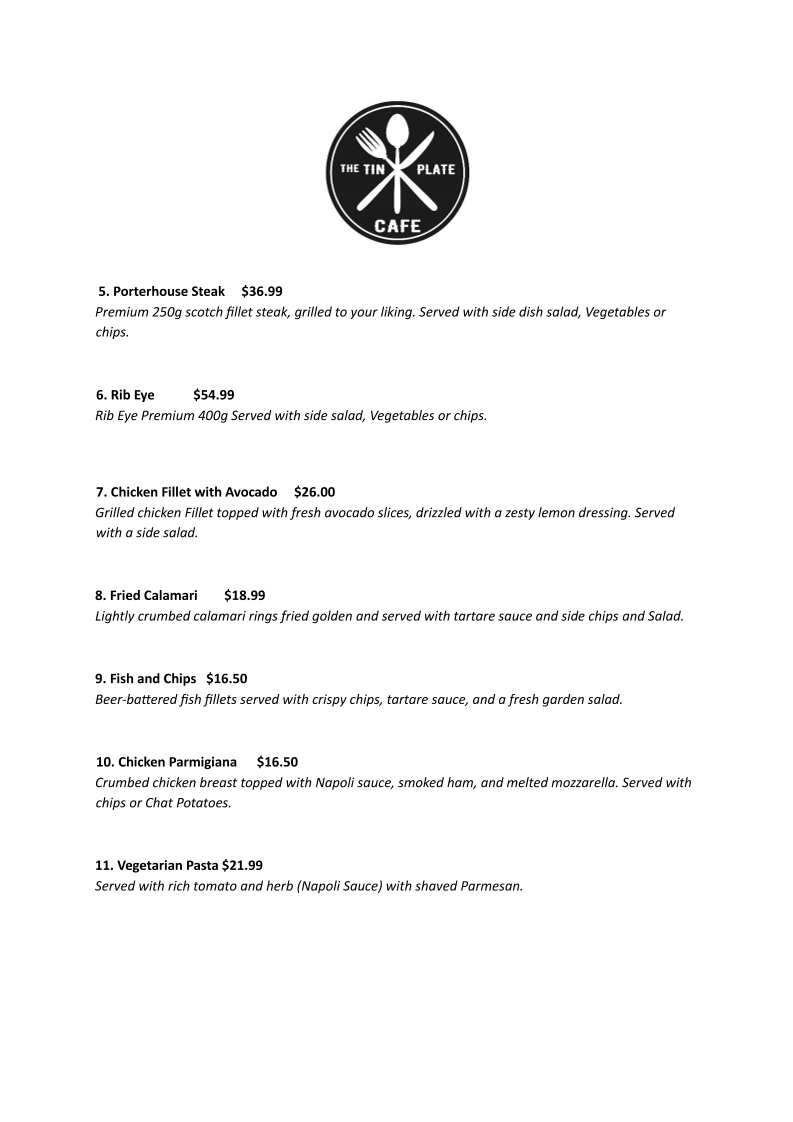 The Tin Plate Cafe menu board