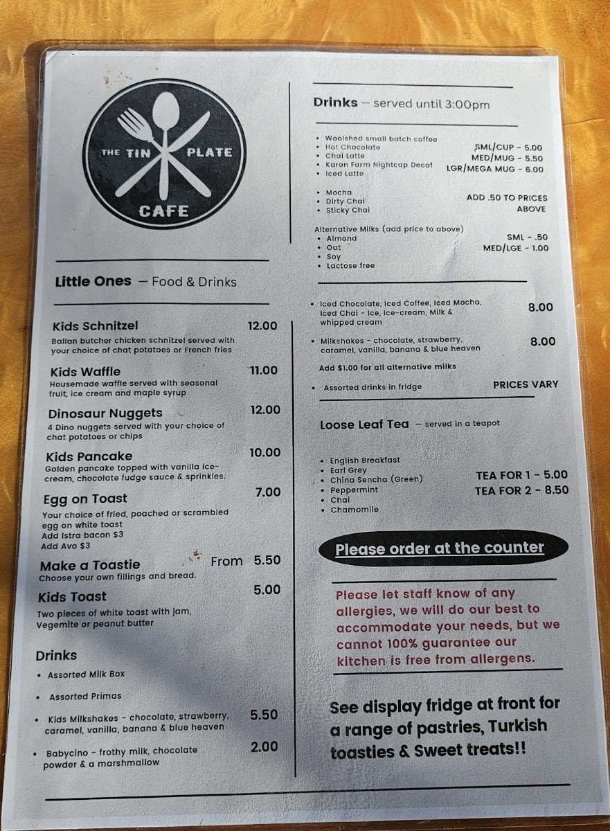 The Tin Plate Cafe menu board