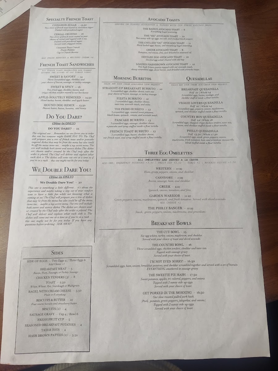 The Sassy Skillet Cafe and Juice Bar menu board