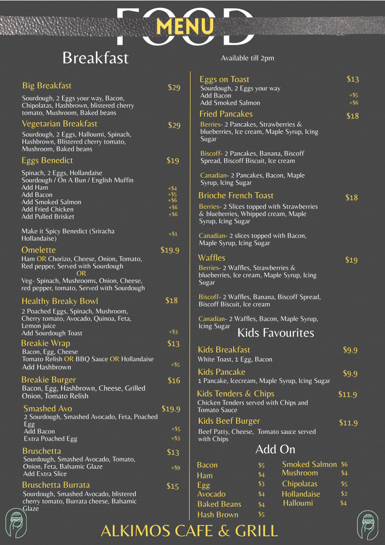 Alkimos Cafe & Grill menu board