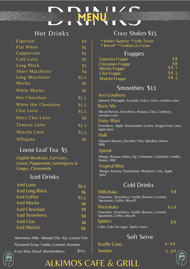 Alkimos Cafe & Grill menu board