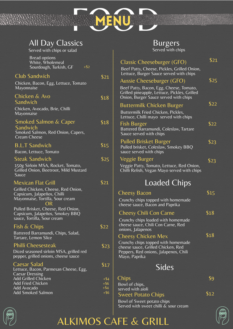 Alkimos Cafe & Grill menu board