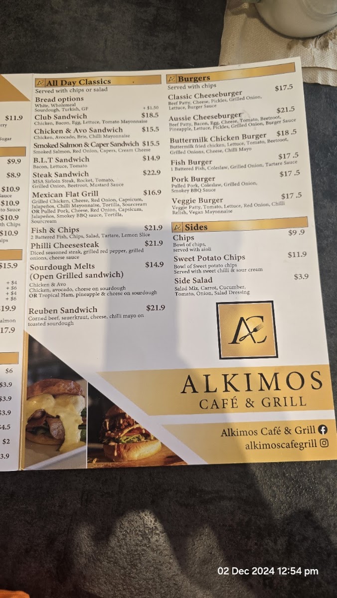 Alkimos Cafe & Grill menu board
