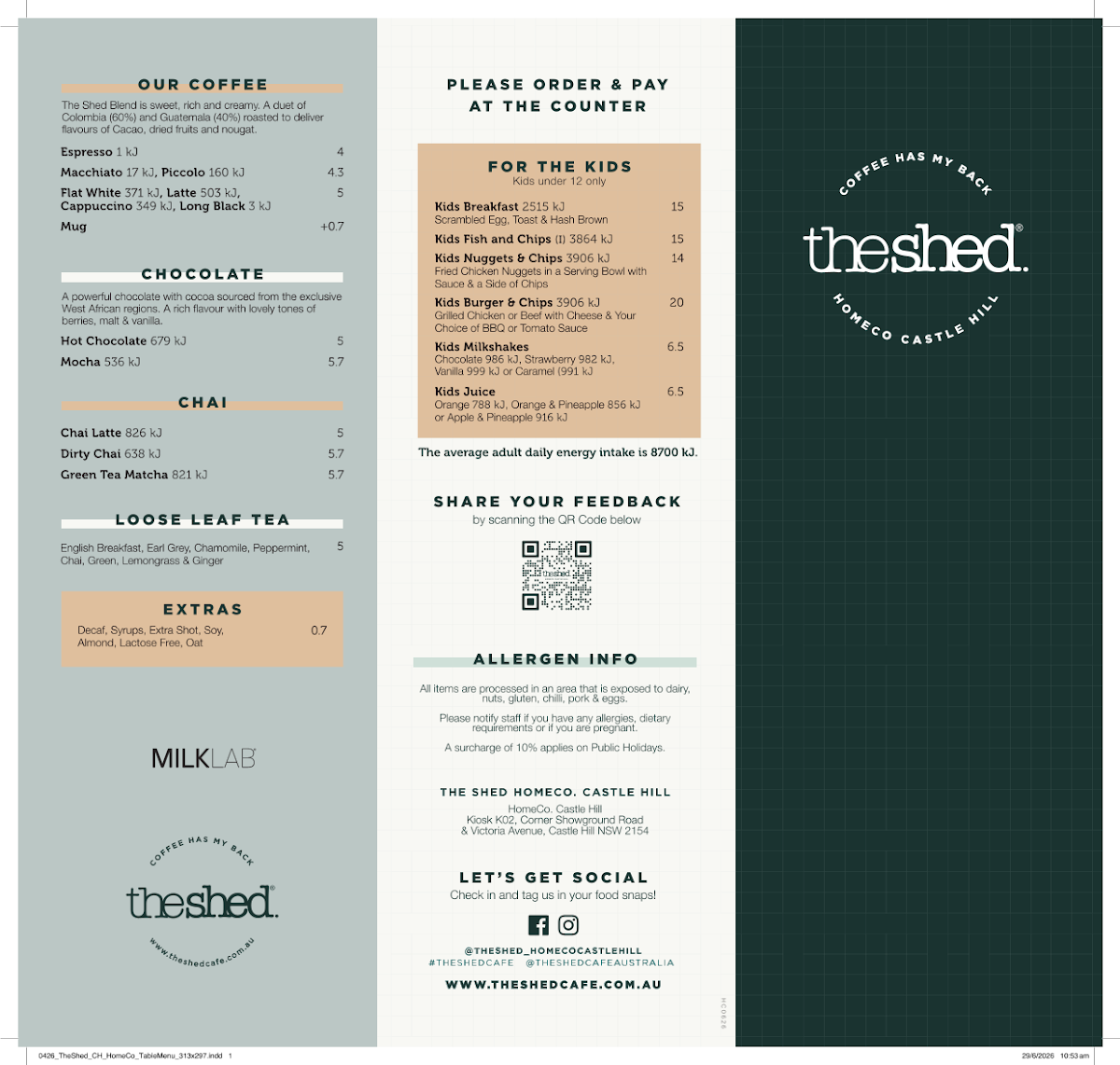 The Shed Cafe - HomeCo. Castle Hill menu board