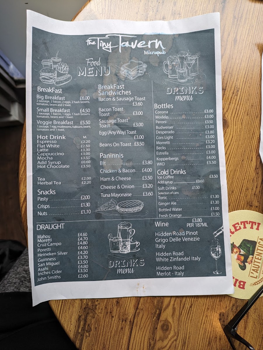 Tiny Tavern Ormskirk menu board