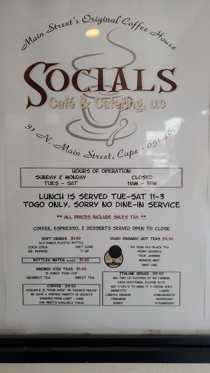 Socials Cafe & Catering LLC menu board