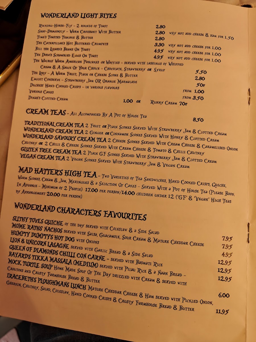 Mad Hatter’s Tea Rooms & Wonderland Candy Bar menu board