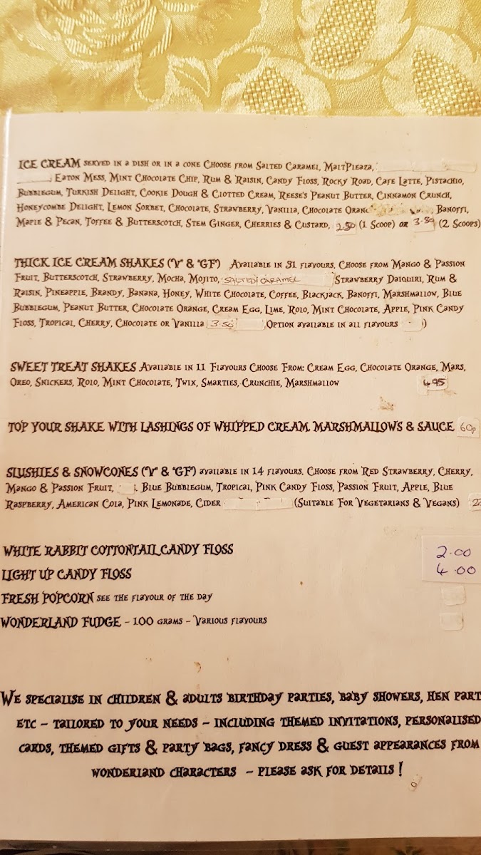 Mad Hatter’s Tea Rooms & Wonderland Candy Bar menu board